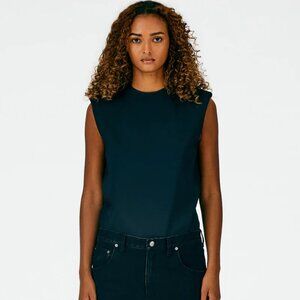 Tibi Chalky Drape Padded Shoulder Sleeveless Top, black, XXS